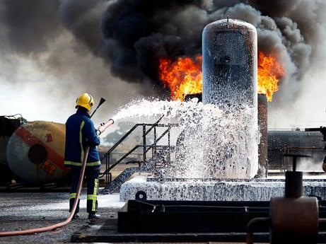 Foam used to Extinguish Chemical Fire at facility by professional fire fighter