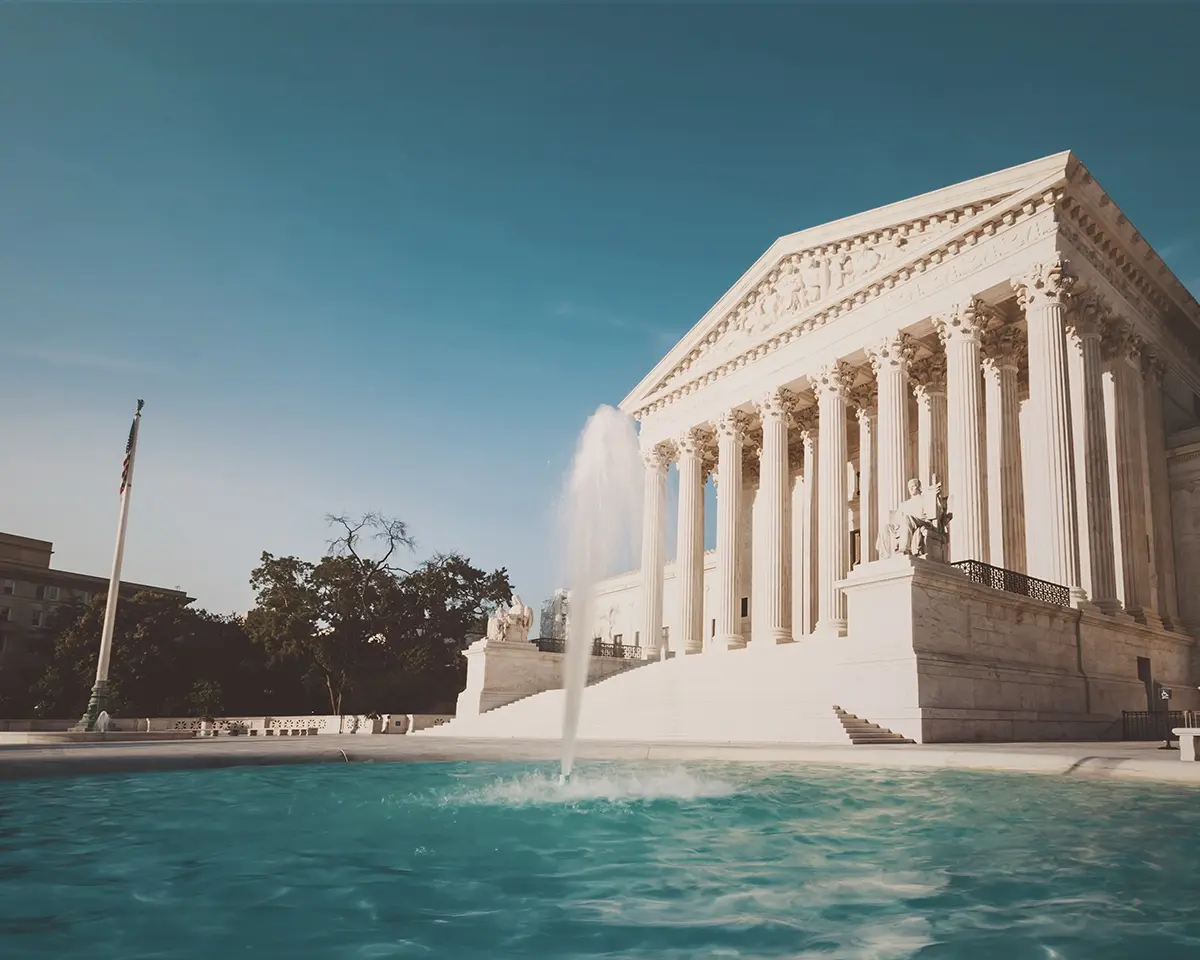 Lincoln Memorial from the view of the reflecting pond and fountain.